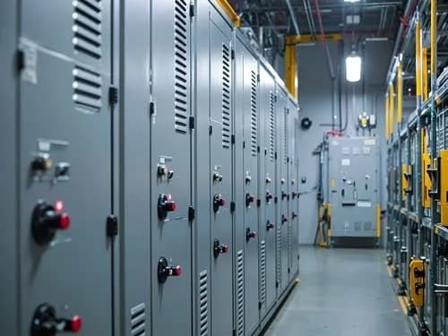 A row of grey industrial switchgear cabinets with red breaker handles